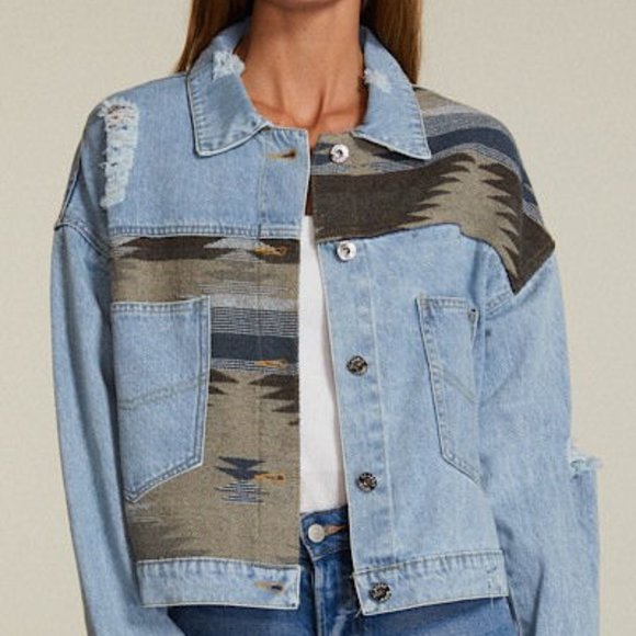LADIES AZTEC PRINT JEAN JACKET Jackets & Blazers - LADIES AZTEC PRINT JEAN JACKET